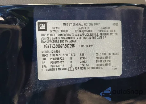 2007 Cadillac Escalade Standard z USA, uszkodzony, nr VIN 1GYFK63887R387096